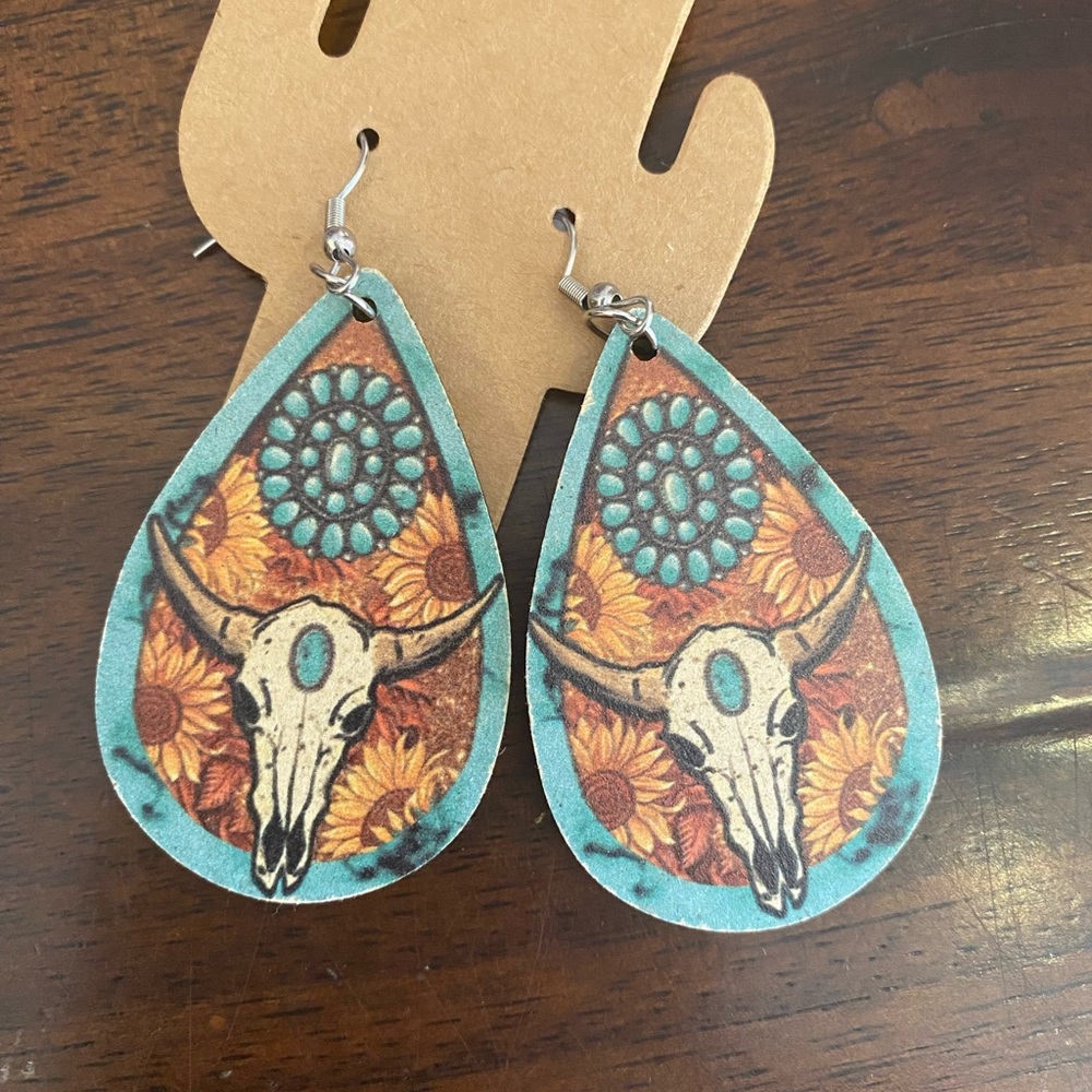 Boho Western Skull and Sunflower Teardrop Earrings